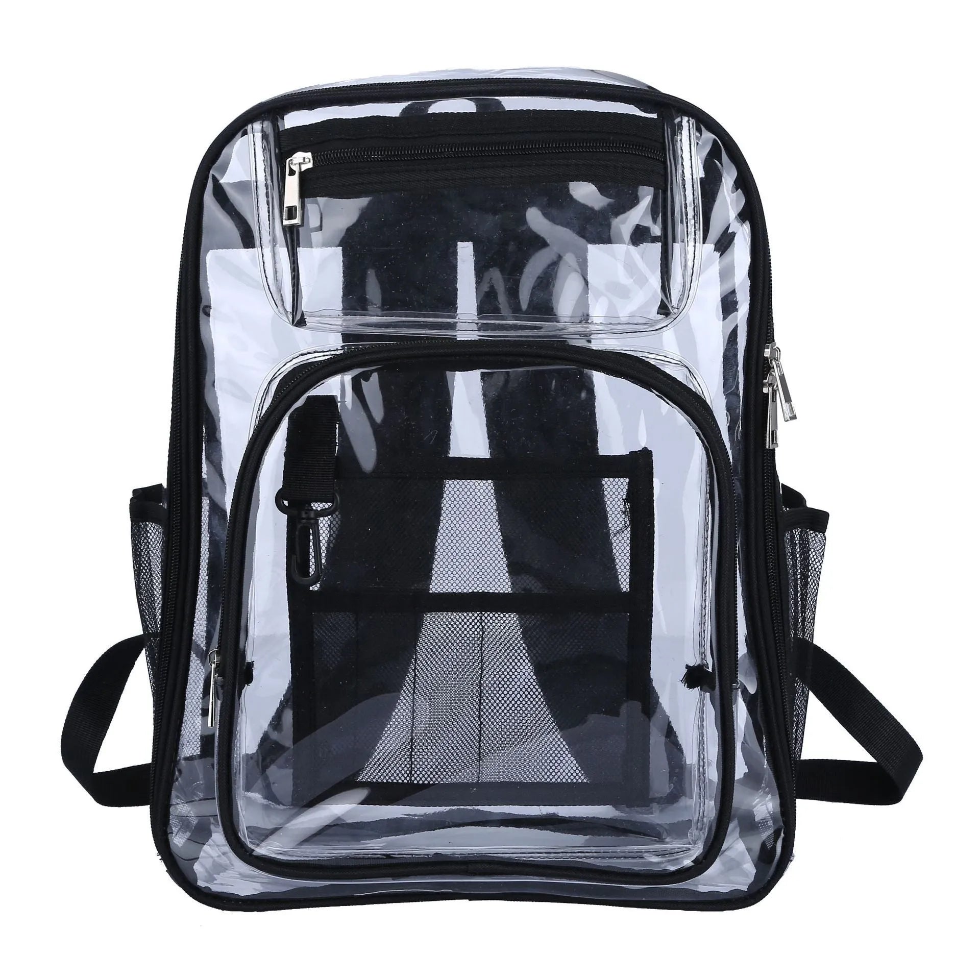 Clear transparent PVC waterproof backpack with a red inner voile bag visible inside.