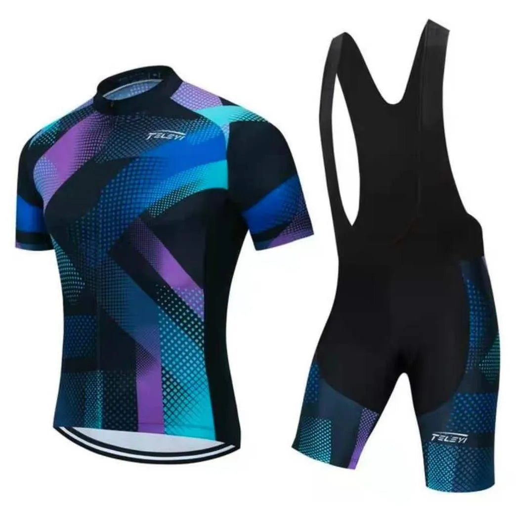 Men's and women's blue cycling jersey and matching pants set for summer road and mountain biking.