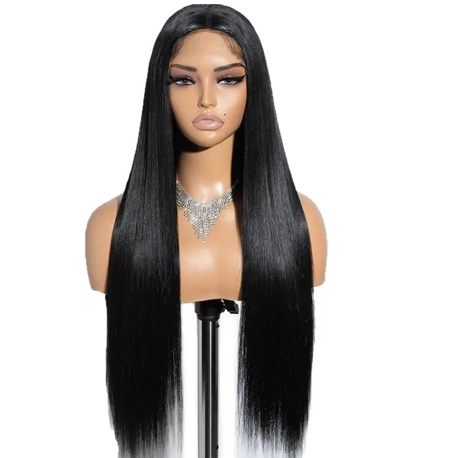A lady wearing a long, straight, glueless human hair wig with side bangs.