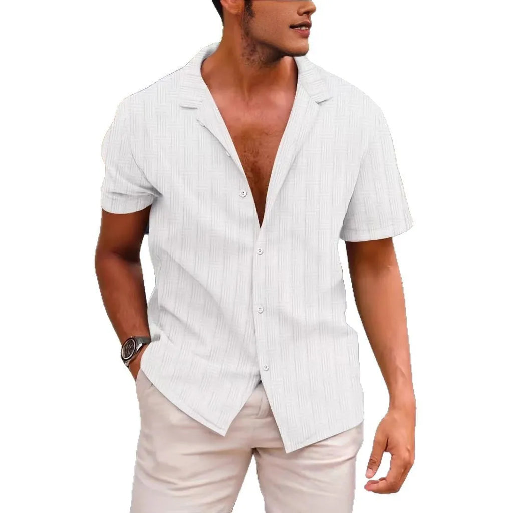 Men's apricot corduroy short sleeve button-up shirt with a British cardigan style on a hanger.