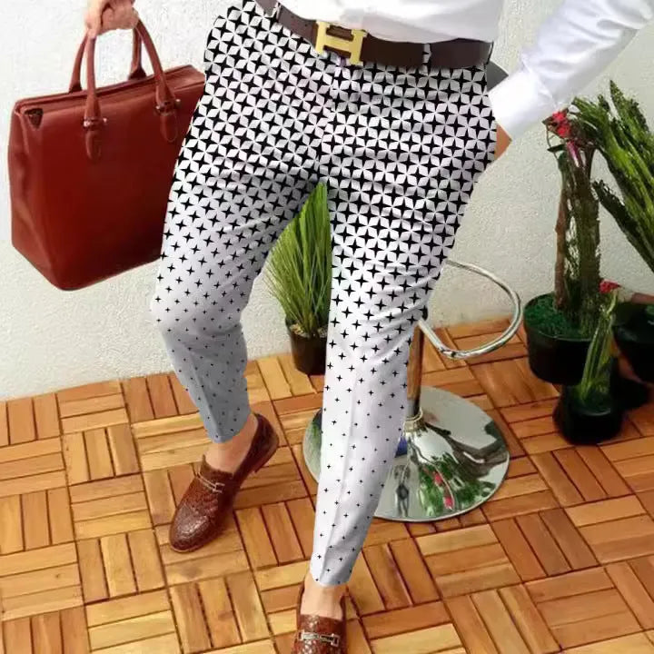 Men's slim-fit plaid trousers with 3D printed pattern in polyester blend fabric