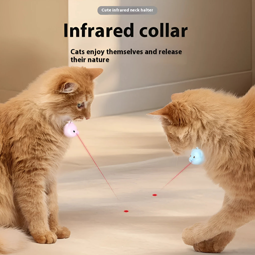 Rechargeable remote control cat toy with infrared halter collar, USB cable, and adjustable collar in pink or blue colours