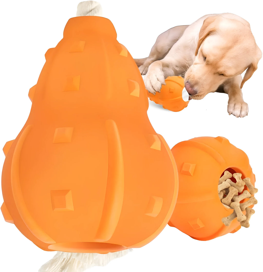 Natural rubber stuffable dog toy for small medium breeds with longer strap for fetch and treat dispensing