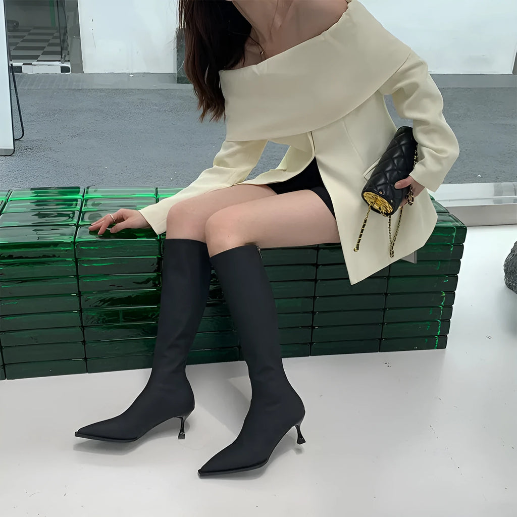 Women's black pointed toe knee-high boots with a stiletto heel and a back zip, shown on a foot.