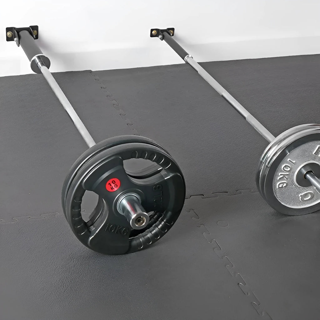 Steel wall-mounted rack with 25 tubes for storing barbell rods.