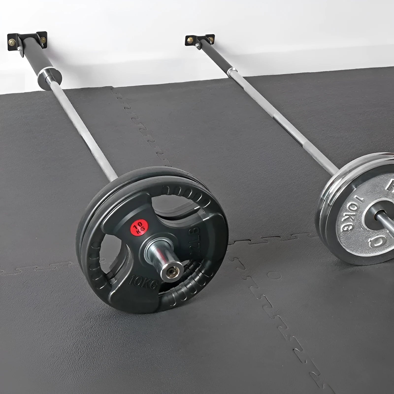 Steel wall-mounted rack with 25 tubes for storing barbell rods.
