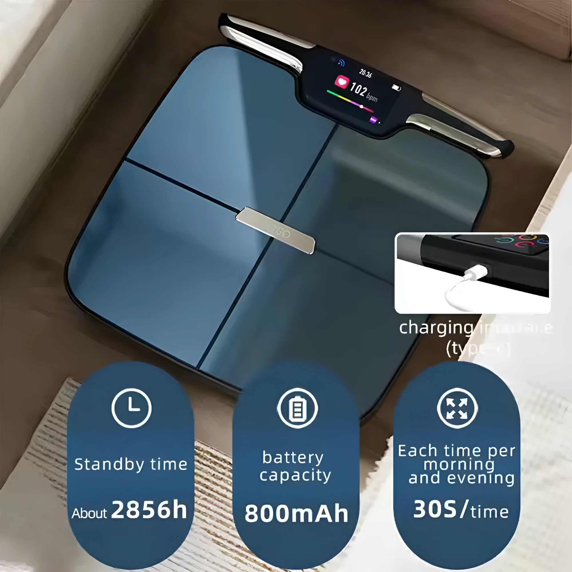 Black eight-electrode body fat scale with electronic display on 45x45cm platform