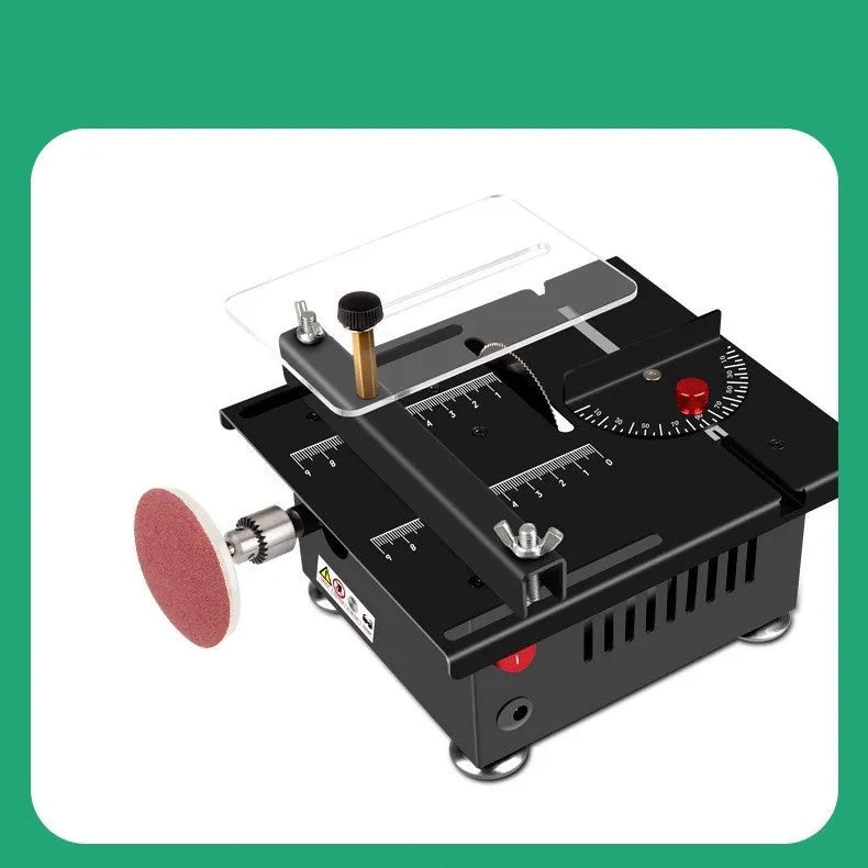 Lithium ion desktop saw with metal construction and 5 angle attachments on workbench