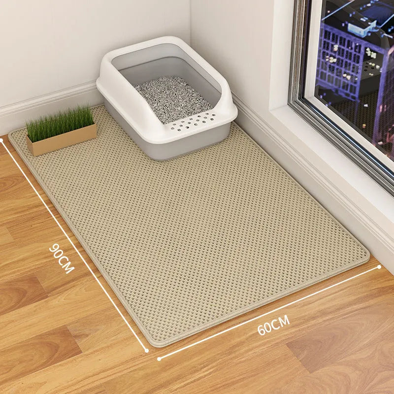 Double layer cat litter mat with waterproof backing in beige colour showing urine trap design