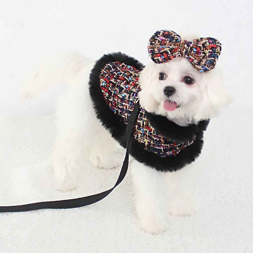 Classic style dog cloak with chest strap and matching hand holding rope in cloth material