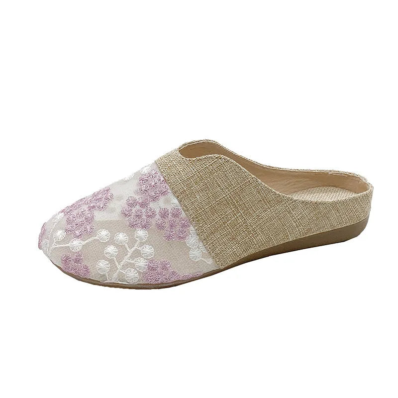Gold low heel flat slip-on sandals with mesh upper and hollow toe box