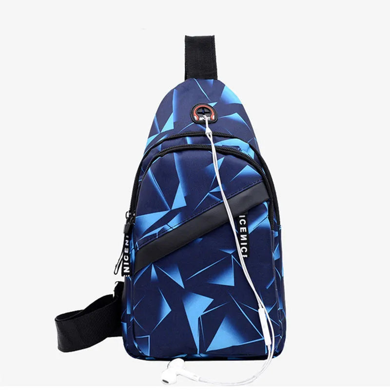 Men's blue crossbody sling bag with an earphone hole and zipper pocket.