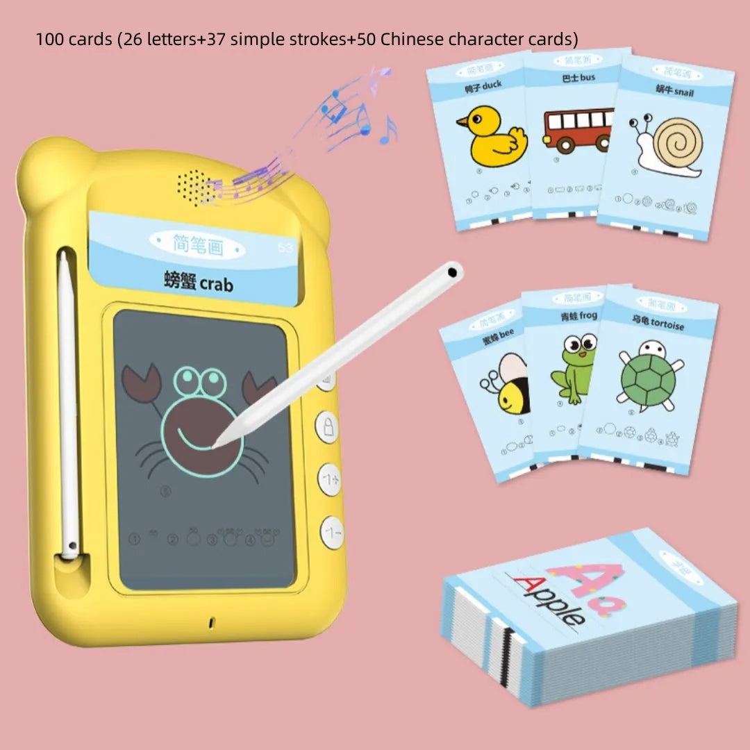 Yellow bilingual early learning machine with educational cards for letter and Chinese character practice
