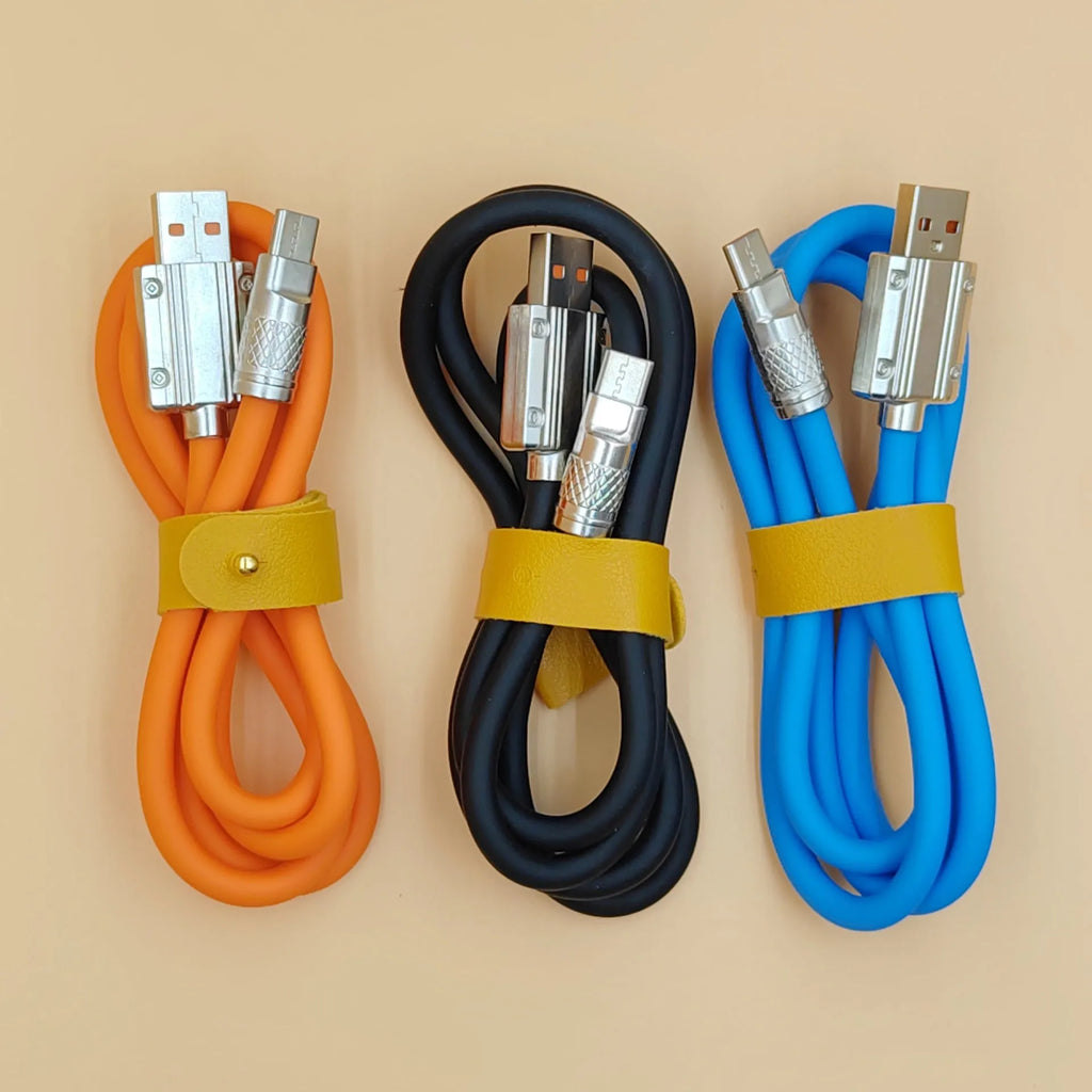 Orange zinc alloy fast charge data cable with Type-C, Micro USB and Lightning options, 0.3 m to 3 m lengths