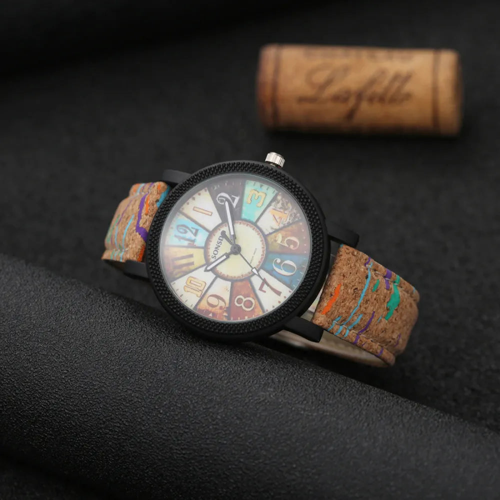 Women's vintage leather strap quartz watch with 37mm round dial and tempered glass crystal