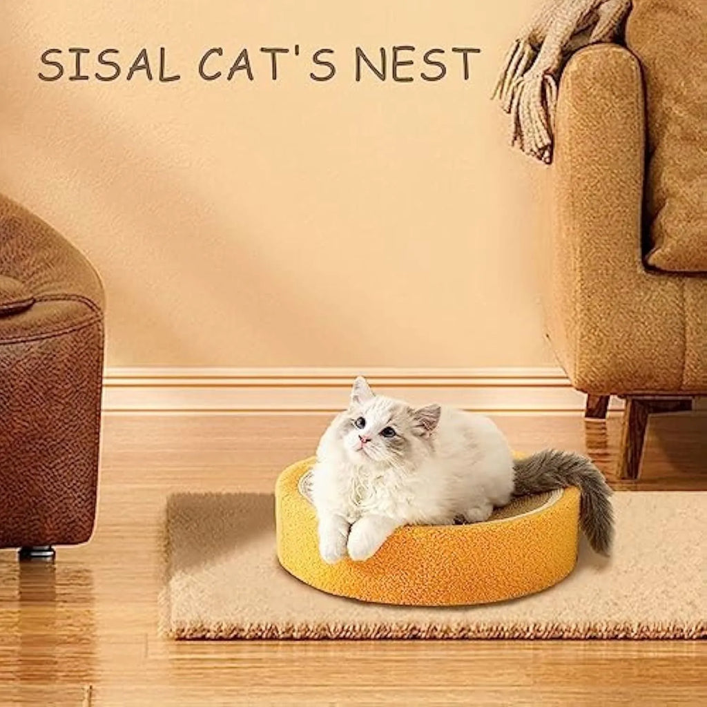 Yellow round cat scratching board and bed with sisal surface for small breed cats.