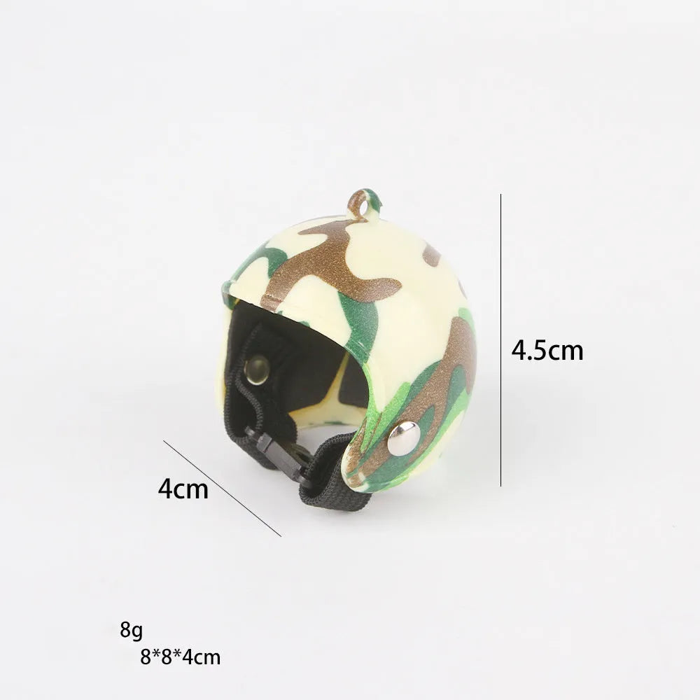 Small hard plastic pet helmet with elastic straps, shown on a chicken.