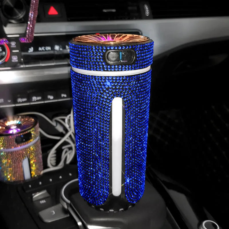 Luxury diamond rhinestone car humidifier with LED light, USB powered, 15x7x7cm, multi-colour options