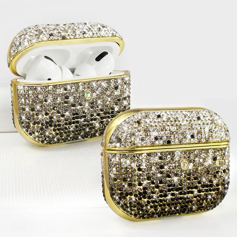 Black PC plastic flip-style earphone cover with rhinestone decoration for Airpods