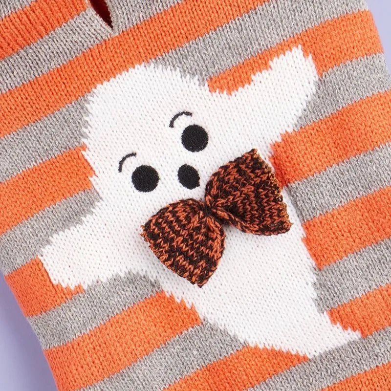Orange striped knitted pet sweater with hood and fur ball trim for small dogs or cats