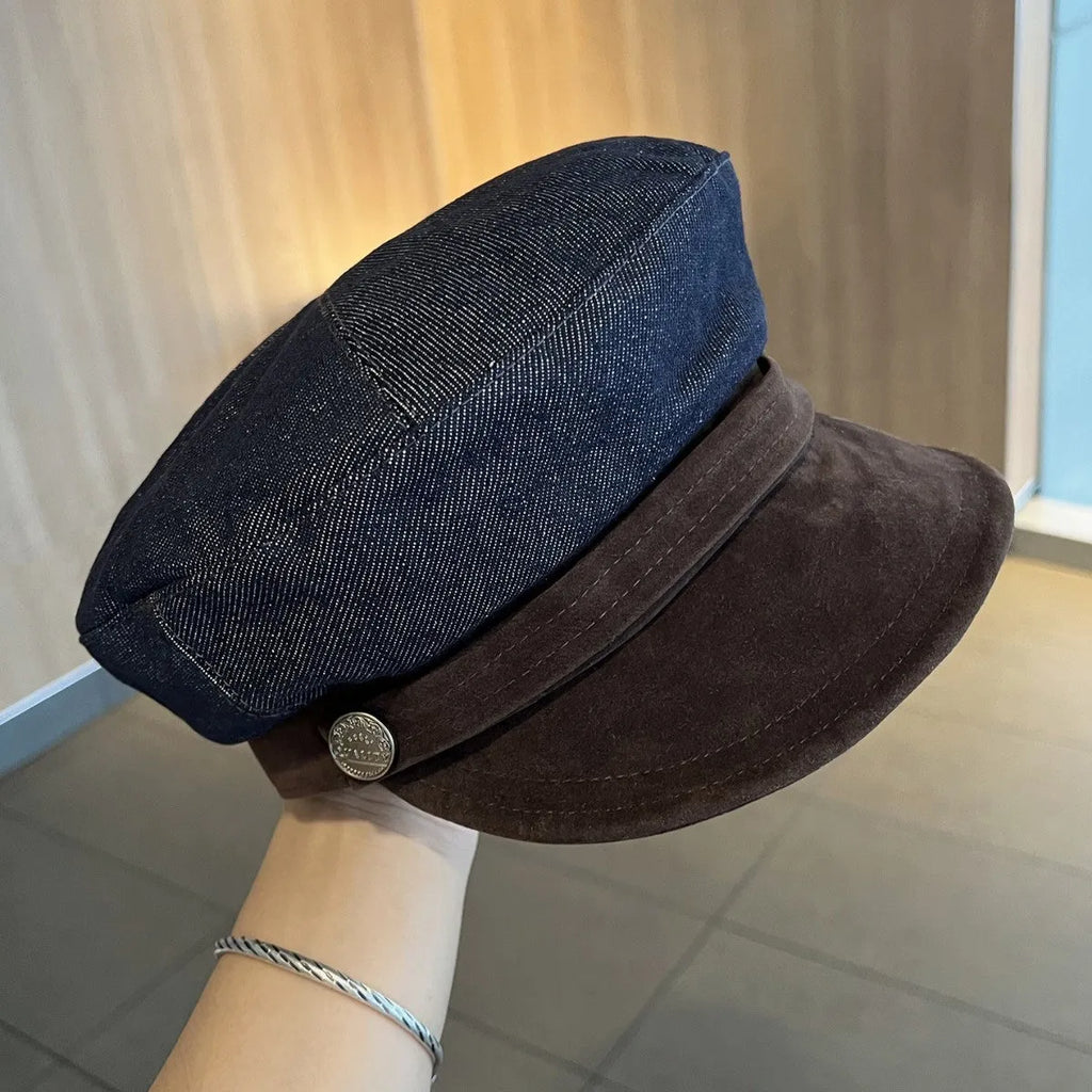 Dark blue denim newsboy hat with octagonal retro design and adjustable sizing