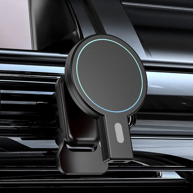 White and black mobile magnetic wireless charger with compact dimensions and charging cable