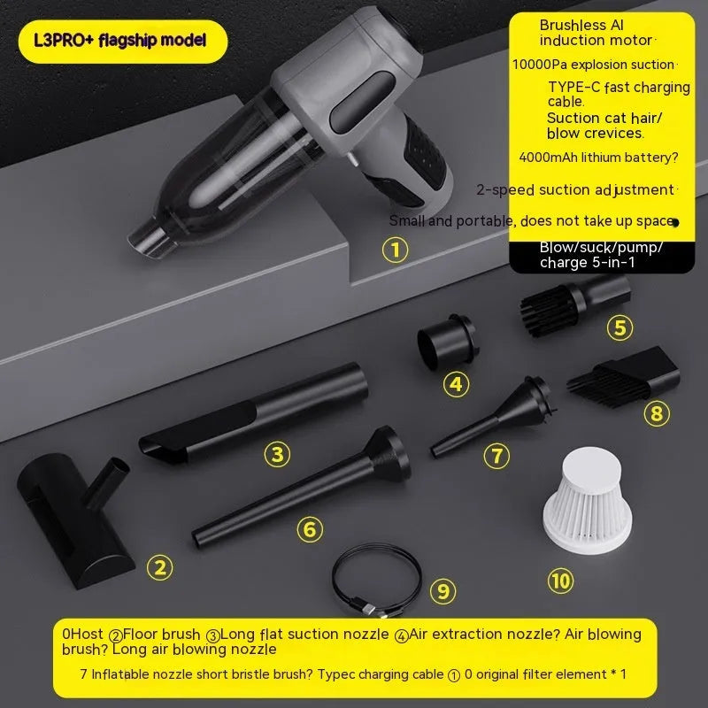 Handheld car vacuum cleaner with nozzle attachments in black, white, or grey colours
