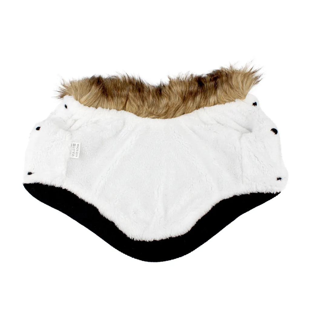 Dog fur collar PU leather coat in black with double pockets and faux fur collar