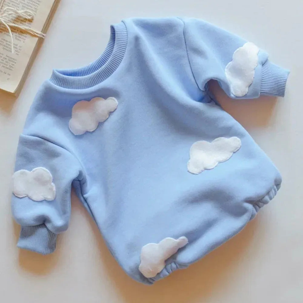 Newborn baby cotton onesie with blue three-dimensional cloud print, hidden front closure, short sleeves, suitable for 59-90cm