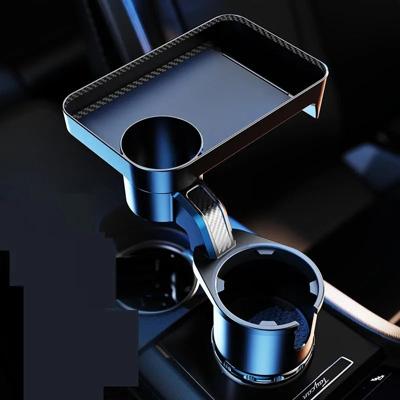 Black car-mounted dinner tray holder with a rotating base, shown inserted into a vehicle cup holder.