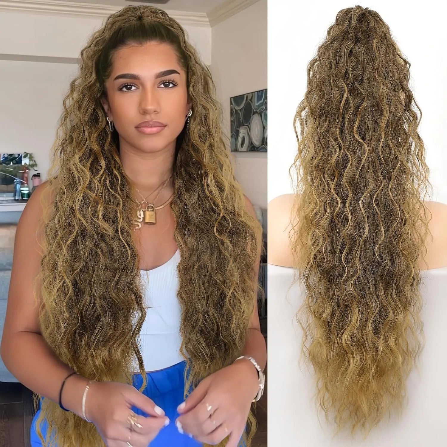 Long 30-inch curly ponytail wig in high temperature fibre for costume and cosplay.