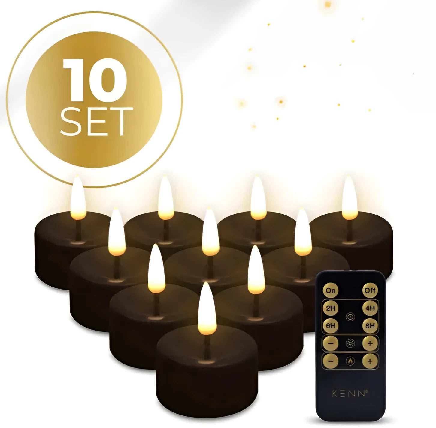 Four black S10 LED tealight candles showing their size and flickering flame effect.