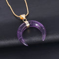 Natural stone moon pendant necklace with electroplated copper chain, shown in pink and purple colour options.