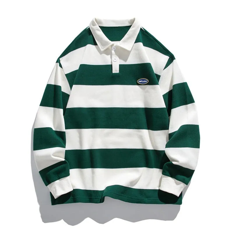 Matching set of two striped Hong Kong style polo shirts with lapel collars in pearl cotton fabric.