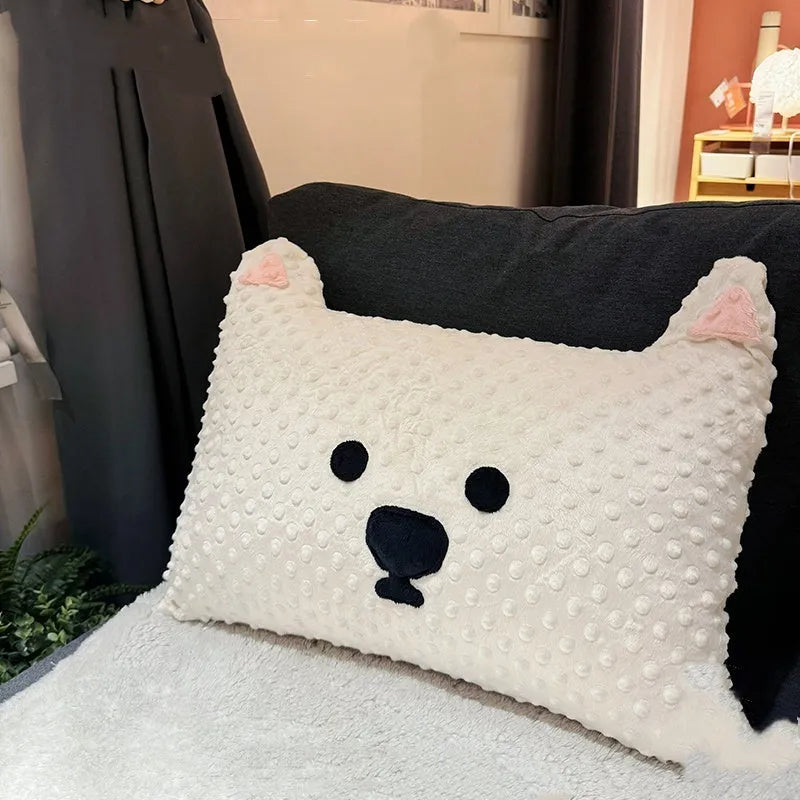 Grey and white dog breed decorative pillow cushion on a sofa, measuring 50cm by 35cm.
