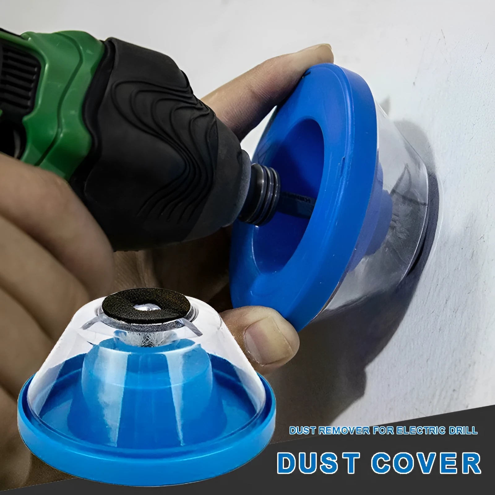 Blue bowl-shaped electric hammer dust cover accessory for drilling, showing hollow cavity.