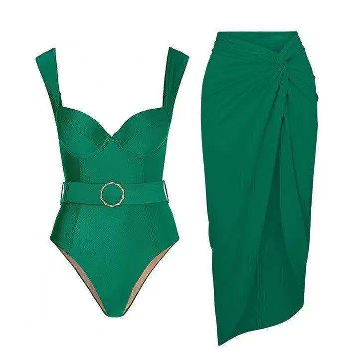 Women's one-piece swimsuit with gauze skirt showing double shoulder and oblique shoulder style options