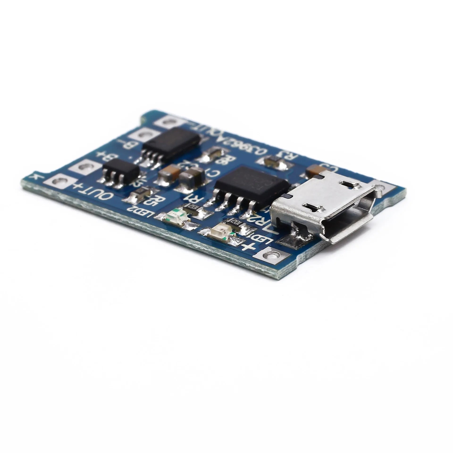 Small blue lithium battery charging and protection circuit board with solder pads, measuring 2.6cm by 1.7cm.