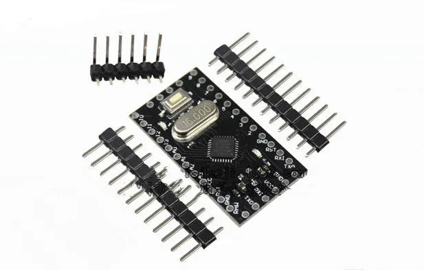 Mini Pro ATMEGA328P microcontroller circuit board showing pin headers and components.