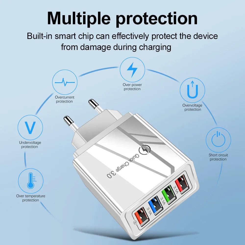 Intelligent 3A mobile phone charging head with luminous indicators showing four USB ports