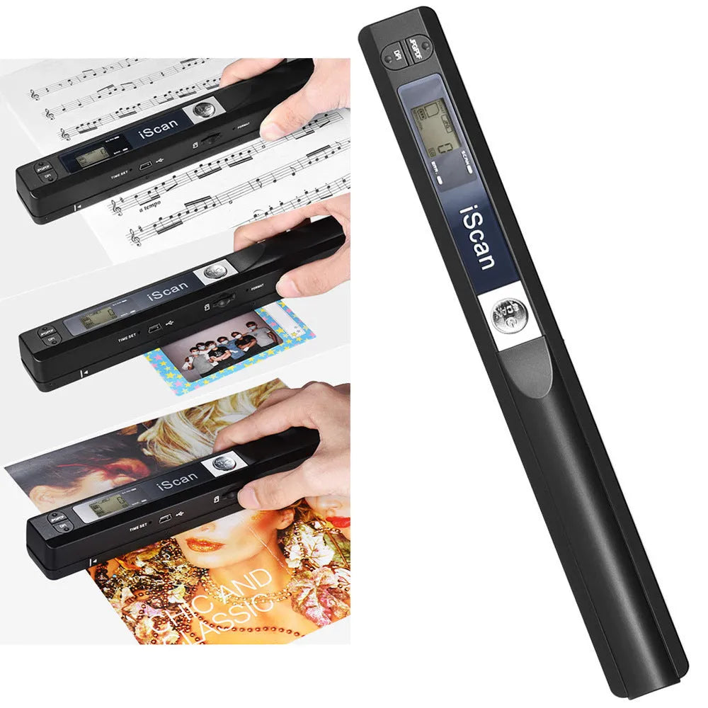 A handheld barcode scanner in plastic construction shown in five colour options: black, blue, green, red, and silver.