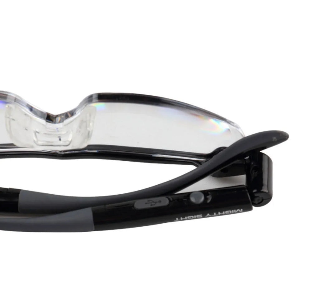 Transparent black USB LED light reading glasses showing the integrated light on the frame.