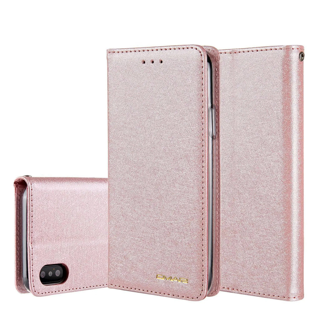 Apple iPhone flip case in PU leather with card slots, shown in multiple colour options.