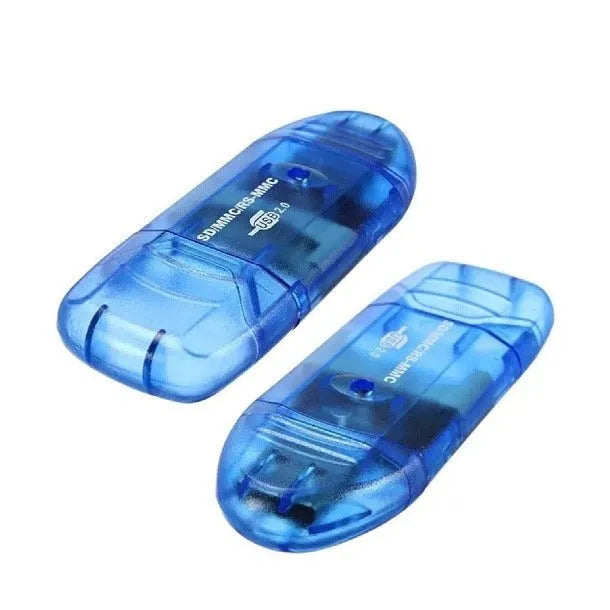 Transparent plastic USB card reader with LED light for computers, includes card holder