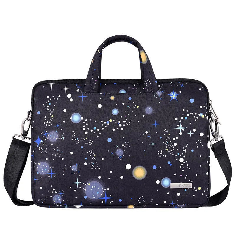 Black waterproof polyester laptop liner bag with 13 inch laptop inside, showing 352mm length and slim profile