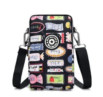 Vertical mobile phone bag in black with Oxford Spinning texture and zipper closure