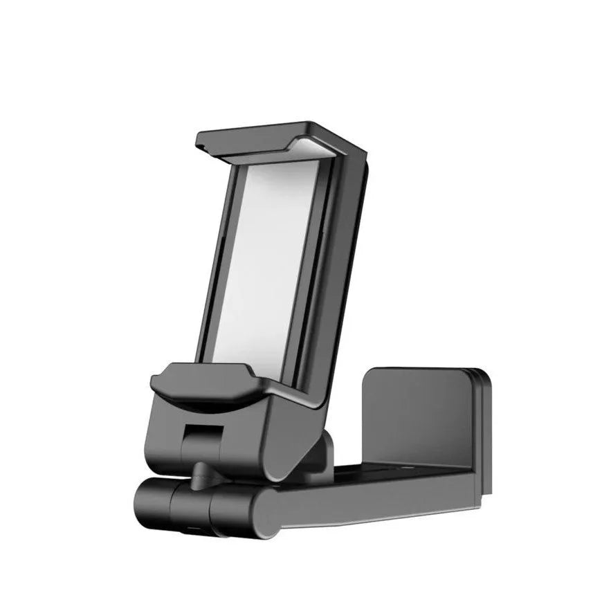 A foldable black phone holder with a rotating head, shown holding a smartphone.