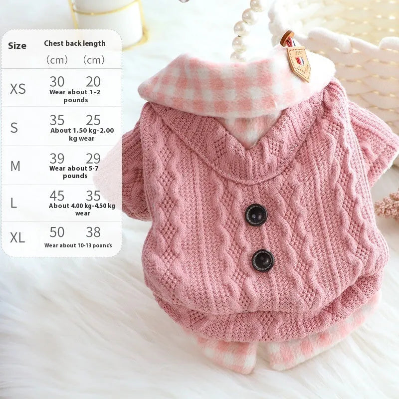 Blue wool plaid check two-piece dog sweater with fleece lining shown on dog model