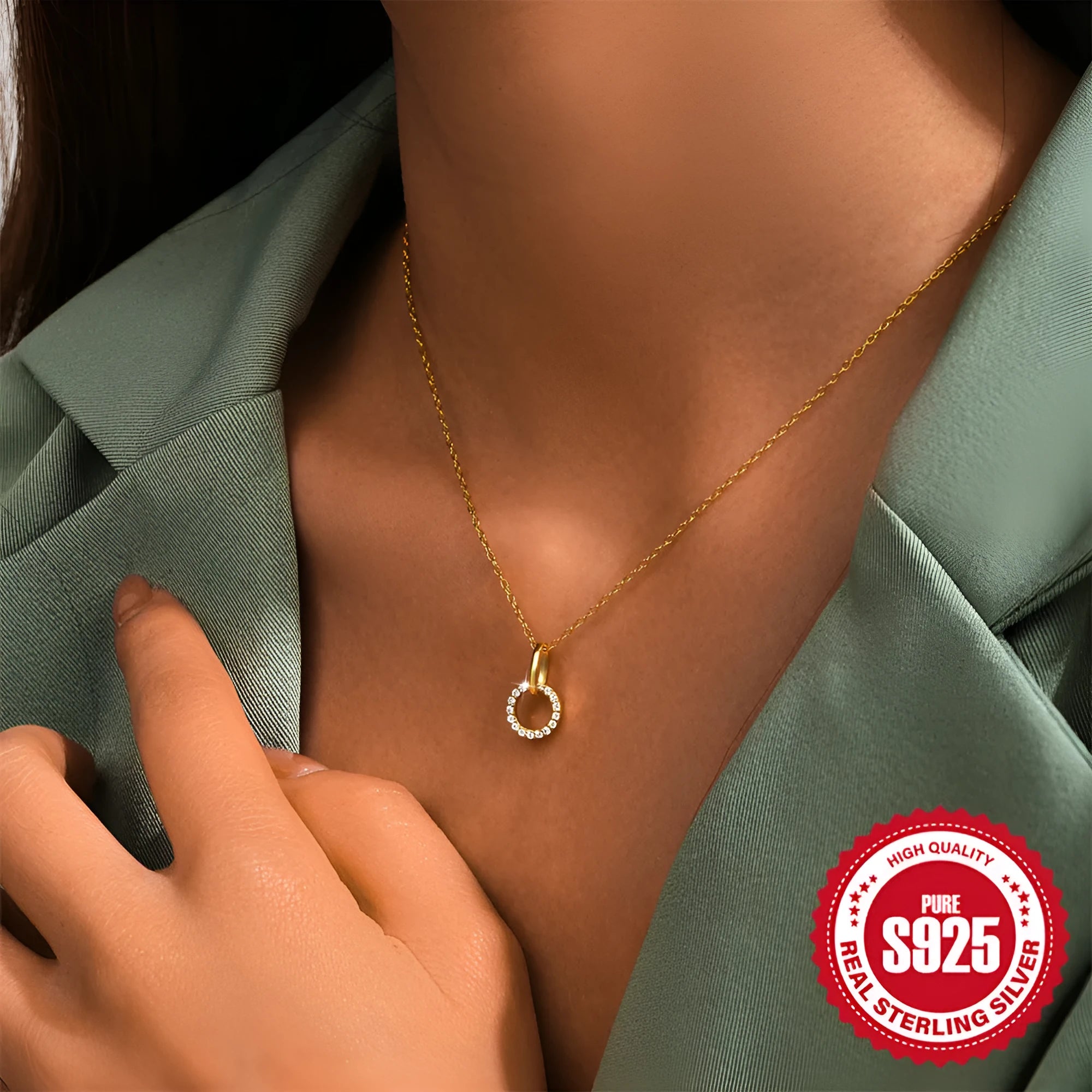 Gold-coloured 925 sterling silver women's clavicle chain with micro inlaid zircon pendant, adjustable from 21cm to 50cm