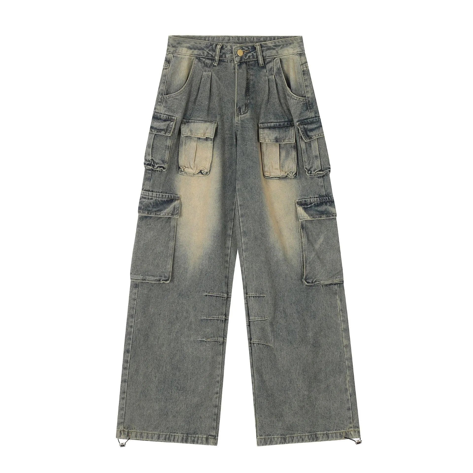 Man wearing loose light blue distressed jeans with multiple pockets, showcasing the straight-leg and utility style.